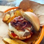 Melty Monterey Jack burgers ? with red onion jam, garlic mayo & crispy potato wedges