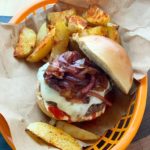 Melty Monterey Jack burgers ? with red onion jam, garlic mayo & crispy potato wedges