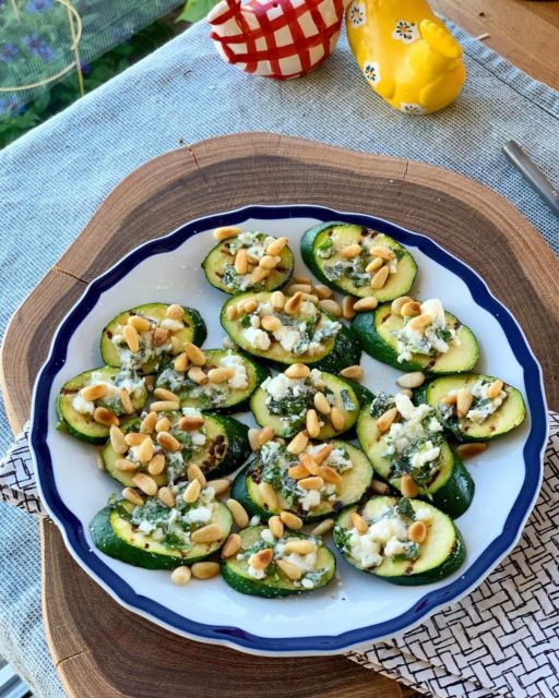 Grilled zucchini with feta, garlic, oregano, lemon juice, olive oil and ...