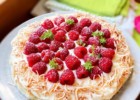 Angel cake with Mascarpone Cream, Raspberries, and Coconut